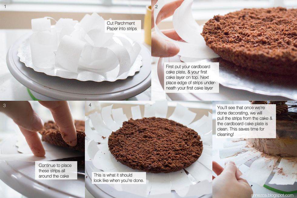 Optional step: Cut parchment paper into strips, & place edge of strips between cardboard cake plate & first cake layer all around. After we're done decorating we'll remove these for easy cleanup!