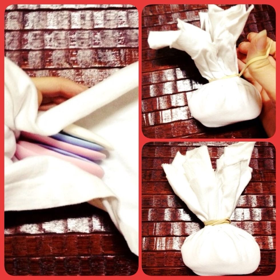 Or Put the soap residue in the middle of the cloth bag and link it with rubber band.