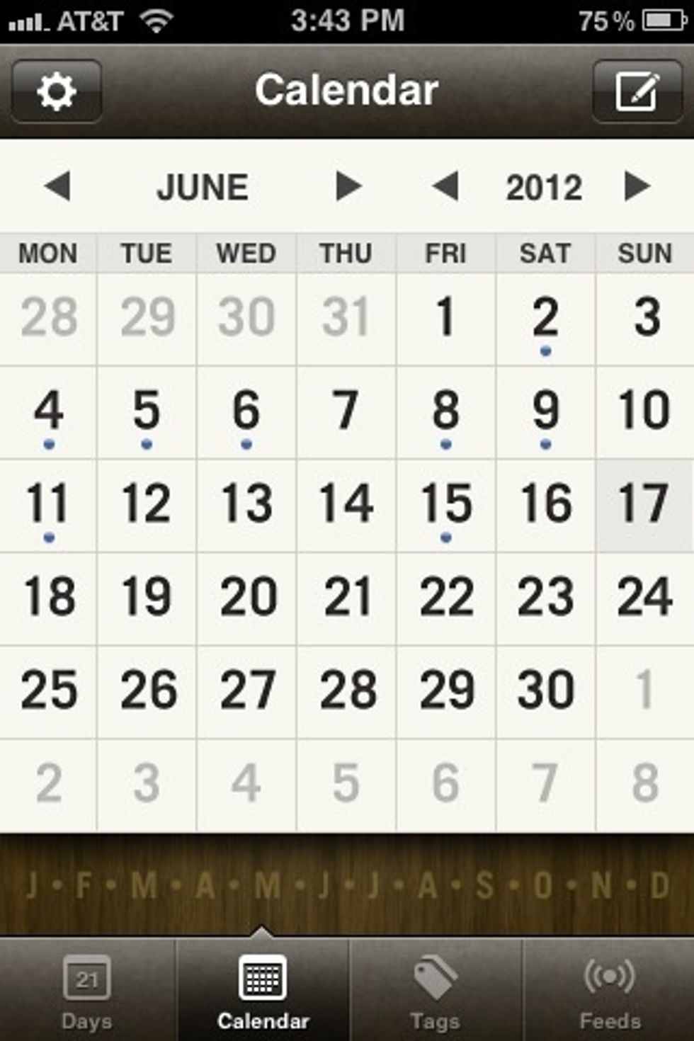Or use the calendar. Note the dots on different dates. Those signify entries you made or posts you've posted in what ever social network you've attached to the app.