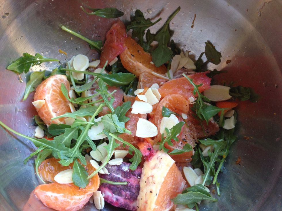 Or you can toss everything into the mixing bowl. Arrange on a serving platter or individual plates. Serve almost immediately (or greens will wilt).