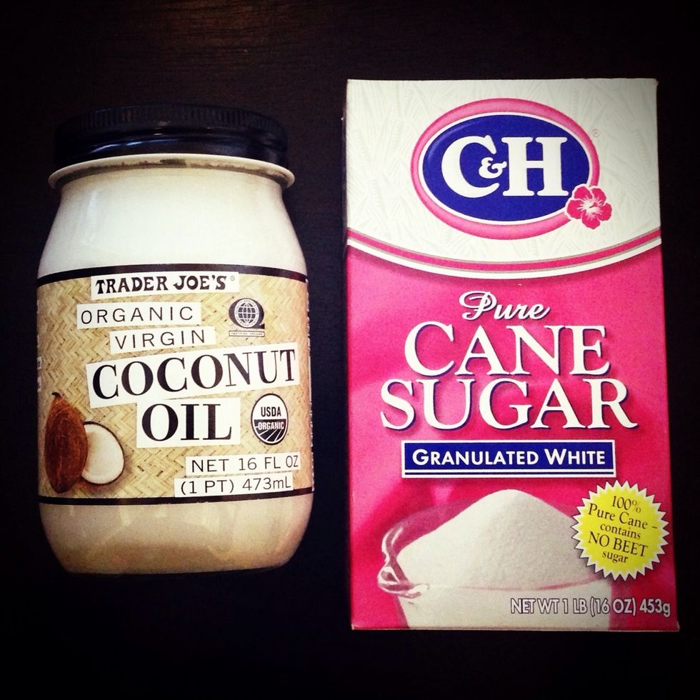 Organic Virgin Coconut Oil (Trader Joe's $5.99) and white Cane Sugar (Safeway $1.79).
