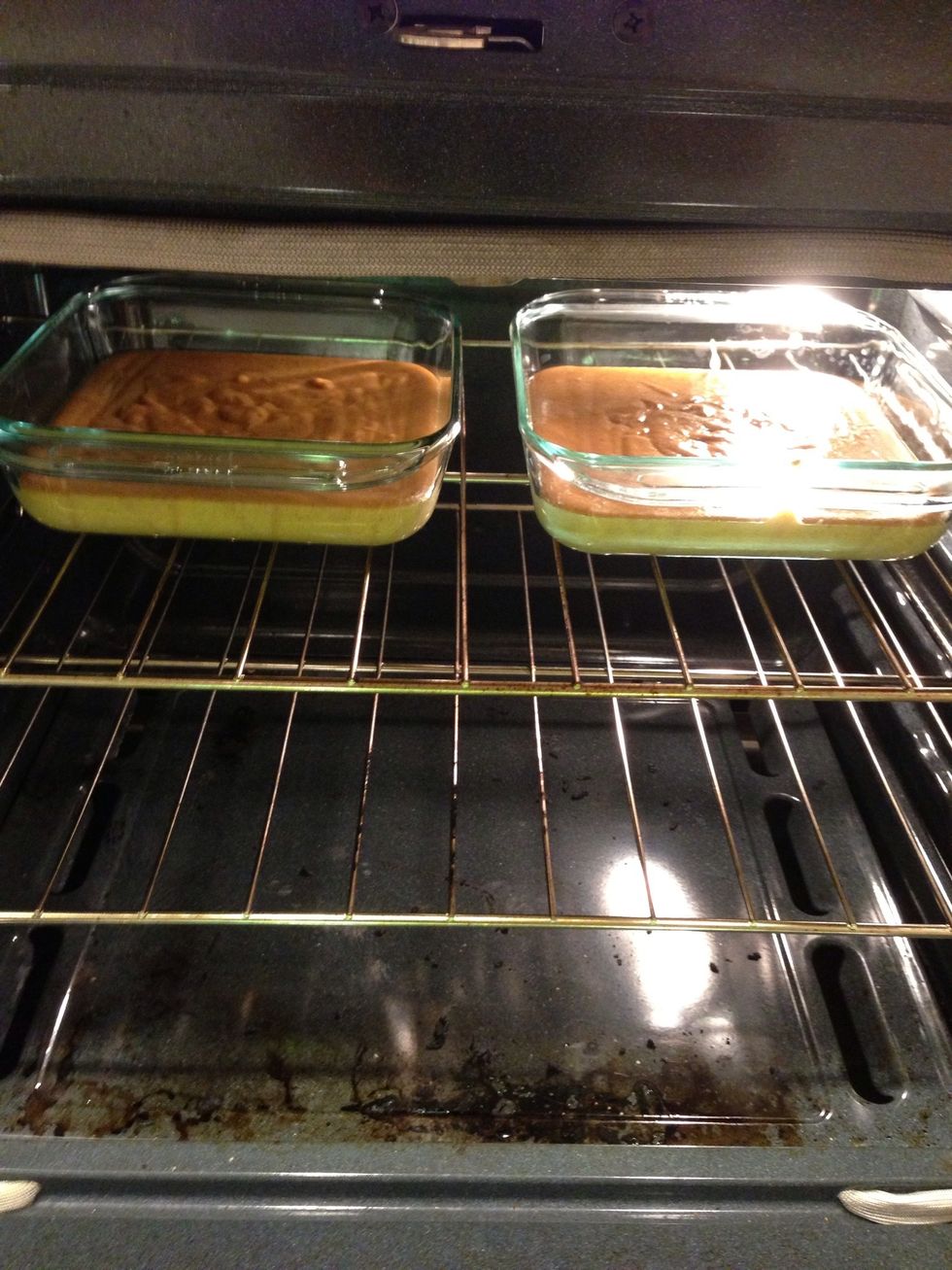 Original recipe ("Paul's Pumpkin Bars") calls for a 10x15 jellyroll pan, but since I don't own one, I used two 8x8 Pyrex glass pans and it worked just the same. Pour mix into two (ungreased) pans.