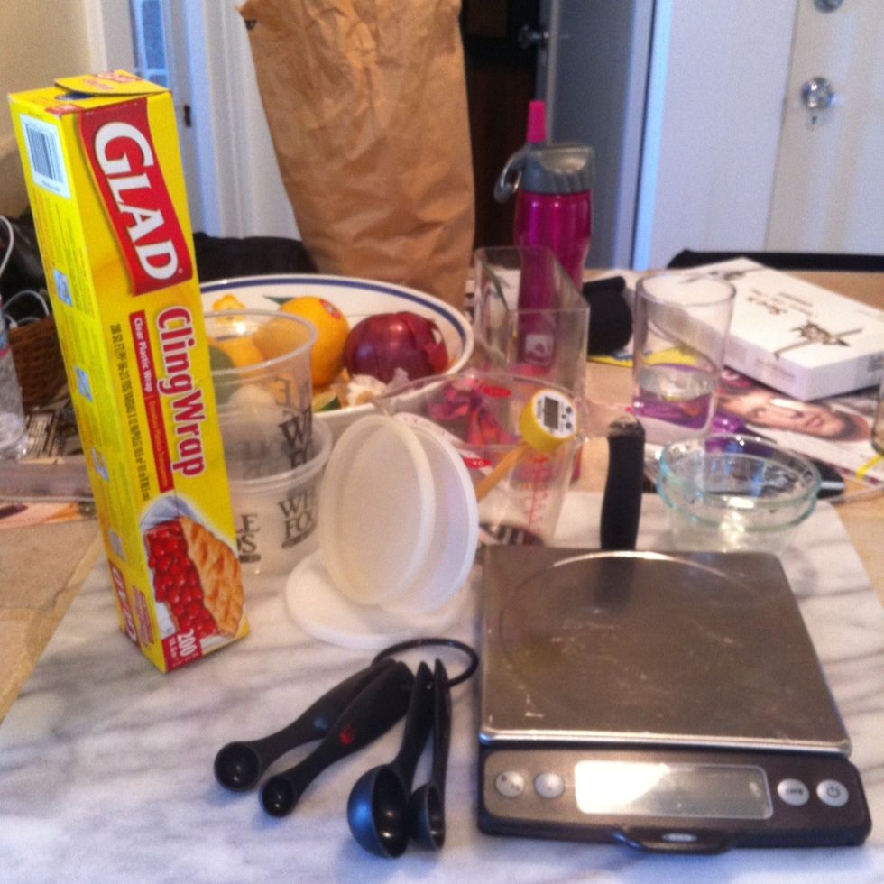Other equipment: measuring spoons, measuring cup, instant read thermometer, plastic containers for storage, plastic wrap, kitchen scale, marble surface or other smooth surface for kneading.