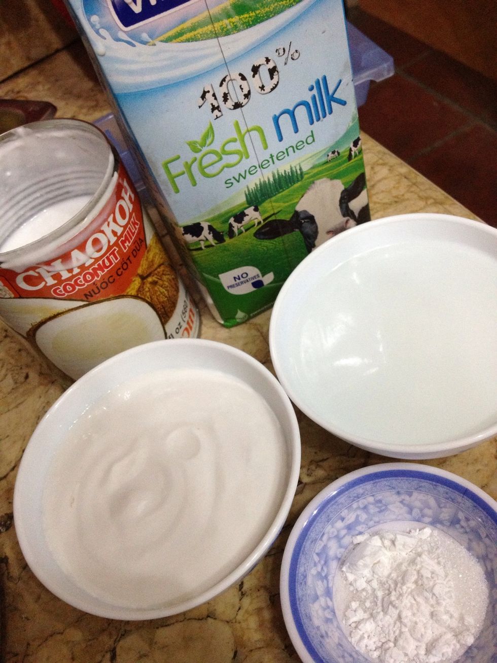 Other ingredients: condensed coconut milk, coconut water, flour, milk, put them all to a pan fries and fry them for 3-4 mins