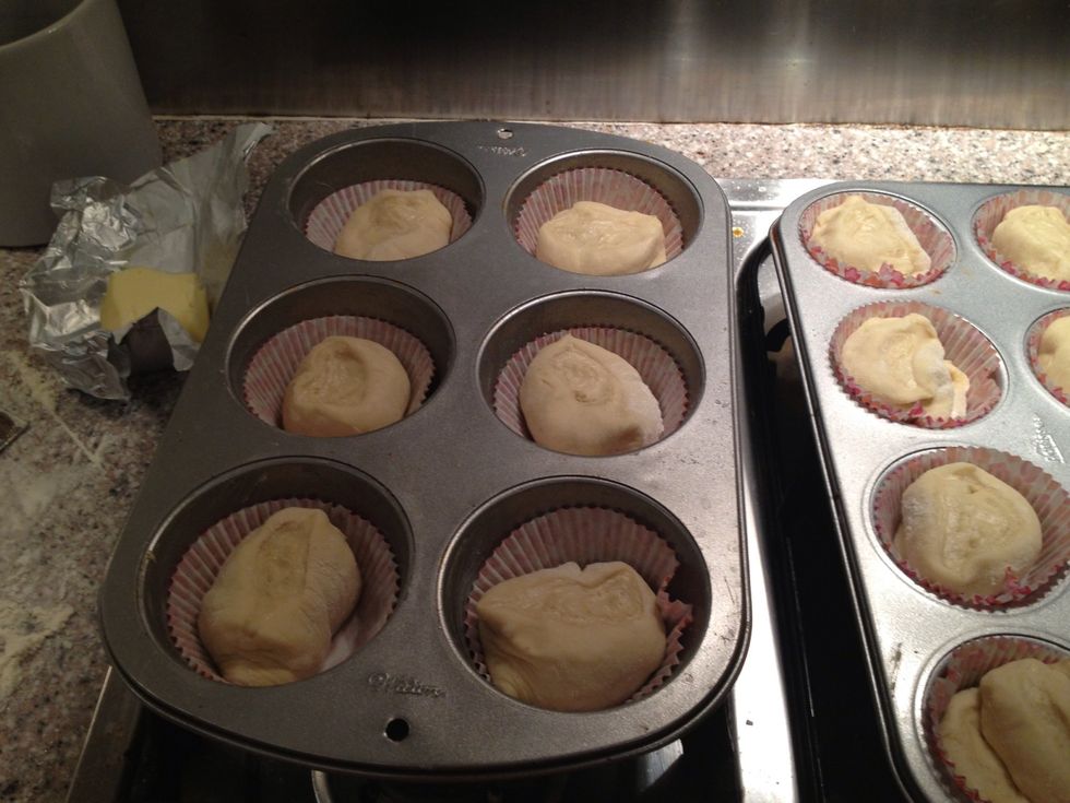 Others in muffin tins. Let them rise for 30 minutes to 1 hour depending on your room temperature. You want them to double in size. Turn your oven on to 435\u00b0F/225\u00b0C.