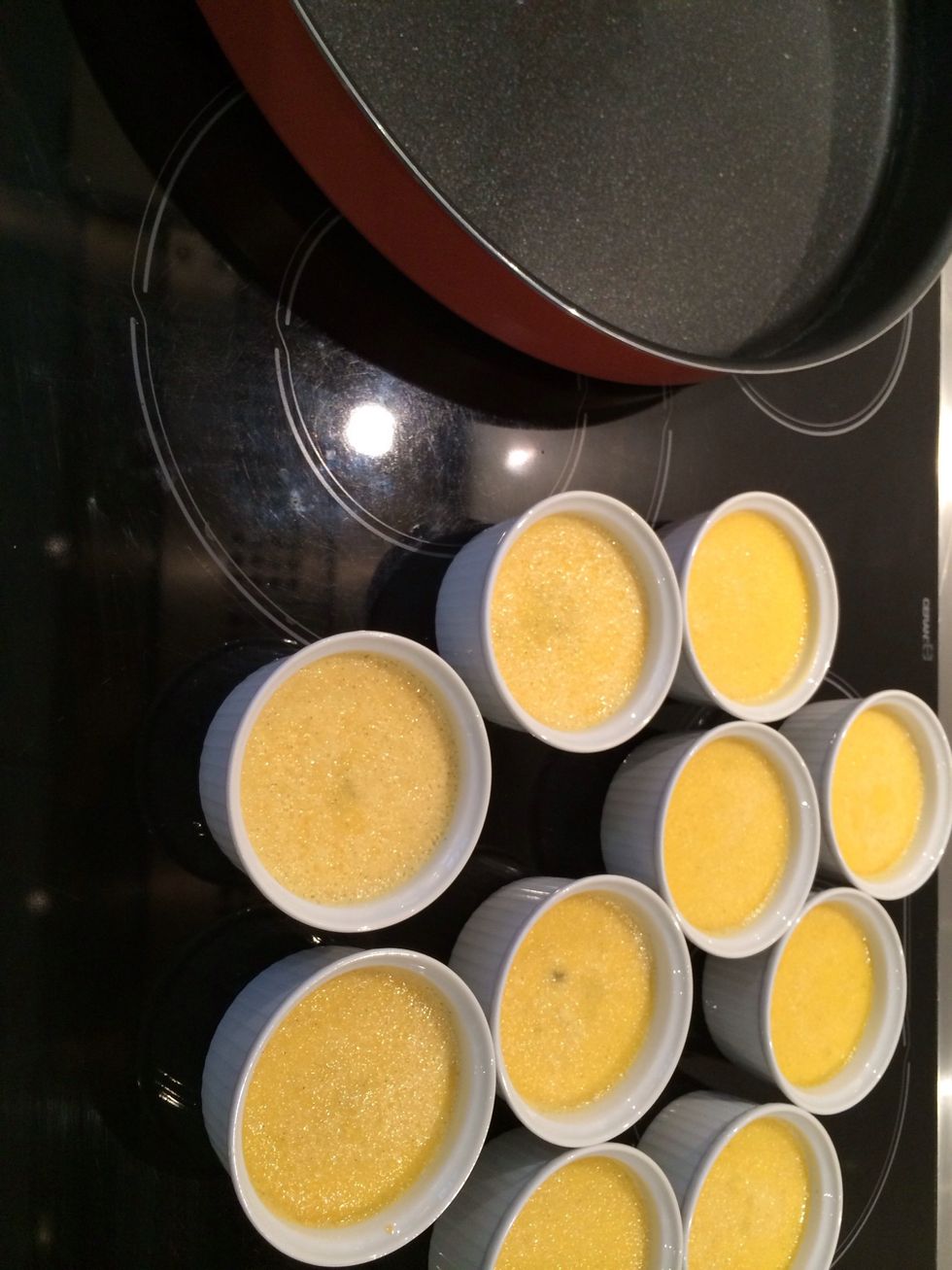 Out from the oven and from the water. Leave them to cool, cover and refrigerate 6 hours at least. This is the second setting phase. Refrigerate for 6 hrs or more