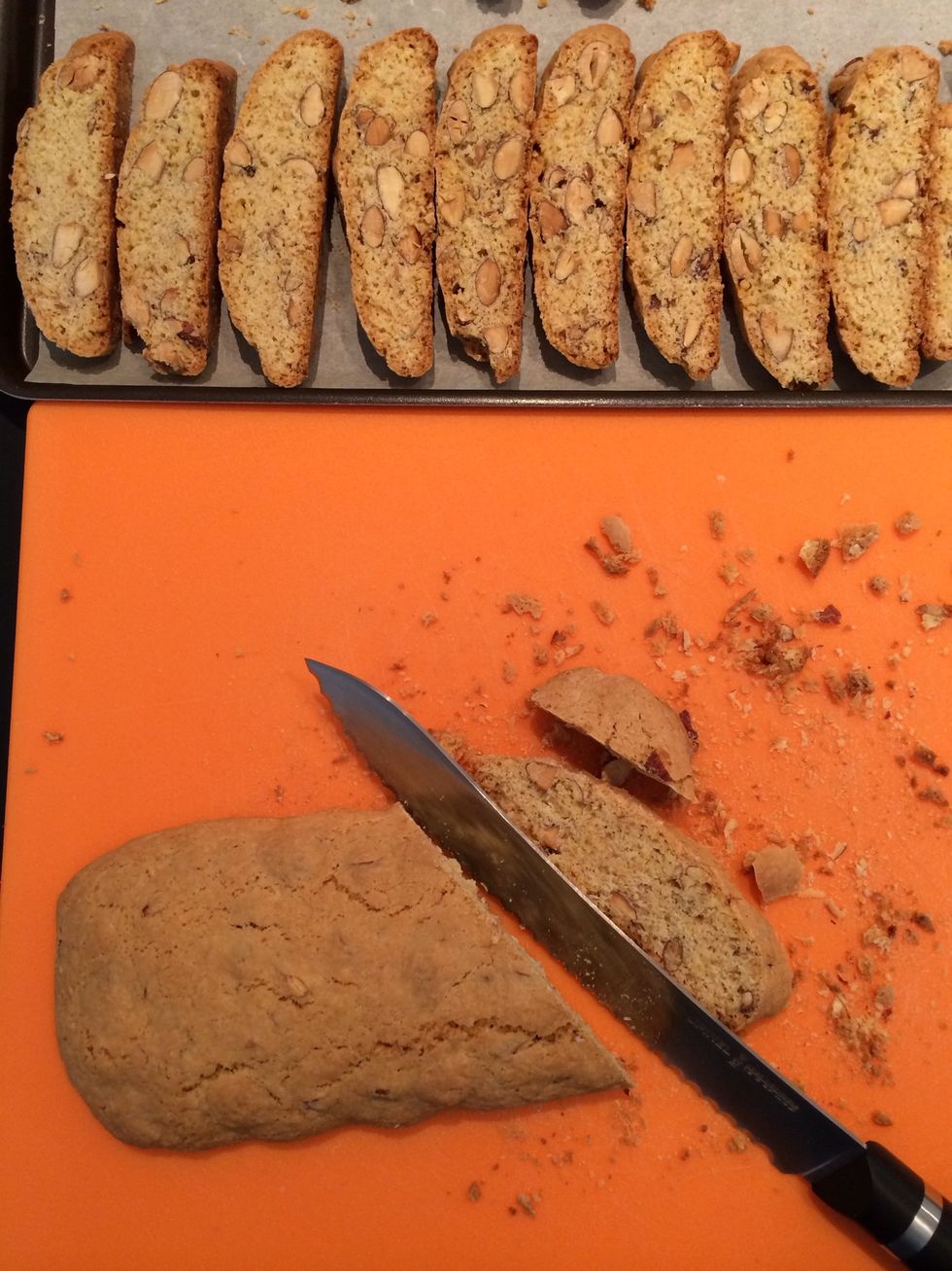 Out of the oven. Let cool at least 30 mins. The cut into strips of 1 cm large. Put back on the baking tray and rebake at 120C 20 mins on each side.