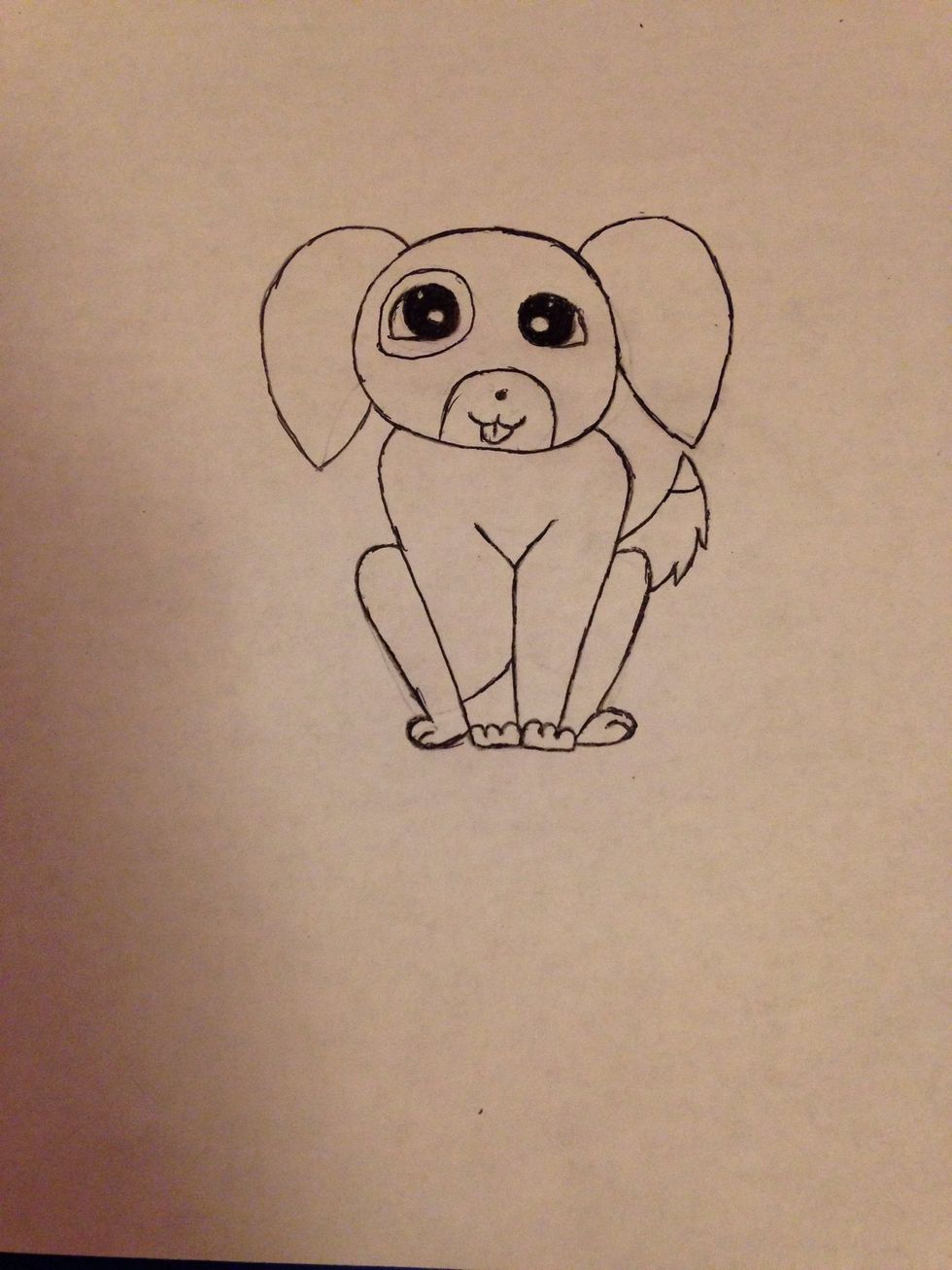 Outline all the lines with black pen (optional) and add any more details you think should be added. Color in the eyes with your black pen, but not the small circles inside of it.