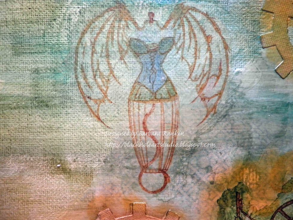 Outline winged dress form with Peanut Brittle Memento marker, color bodice with Nautical Blue and Pistachio Memento markers.