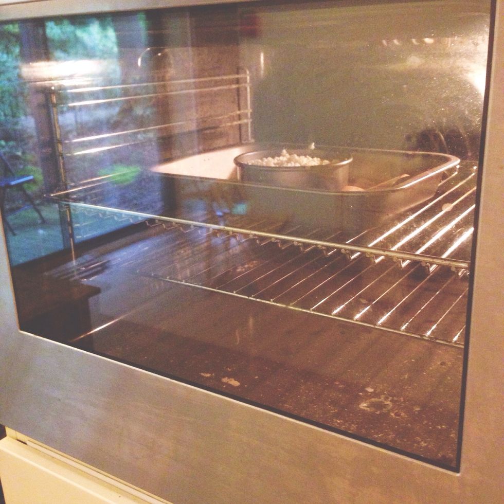 Oven bake on 175 degrees in 25 mins or until golden on top (test with a fork, if it's not done leave it in for another 5 mins)