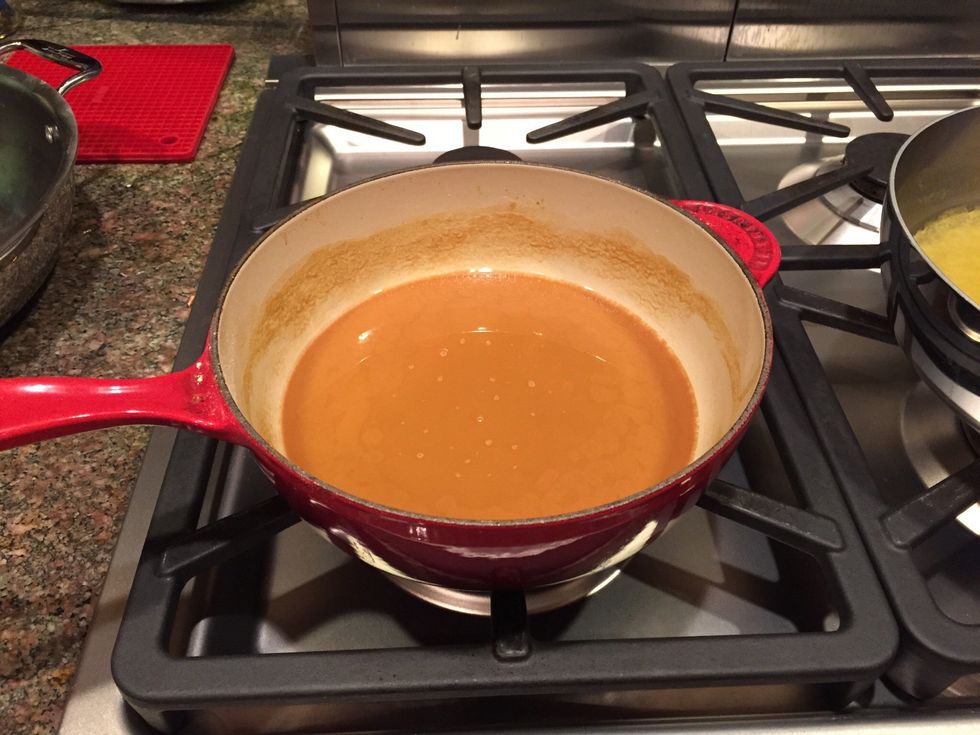 Oven-baked Dutch-oven Roux. Mix equal parts oil and sifted flour - 3/4 c. of each, put in Dutch-oven on middle shelf at 350\u00b0, stirring every 30m for approx two hours, until dark like milk chocolate.