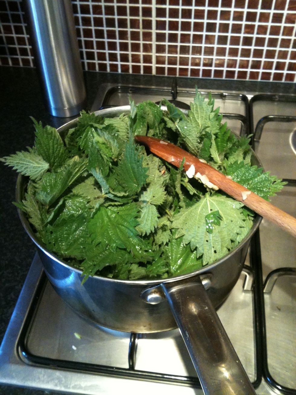Over a low heat, Add the Nettle leaves and mix into the potatoes and onion. The leaves should wilt very quickly.