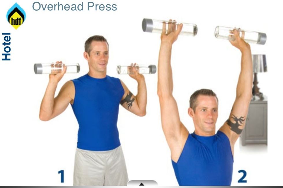 Overhead press: 1-stand upright holding weights at shoulder / ear height, with elbows bent and palms facing forward. 2- press the weights overhead extending your arms fully. Stand upright!