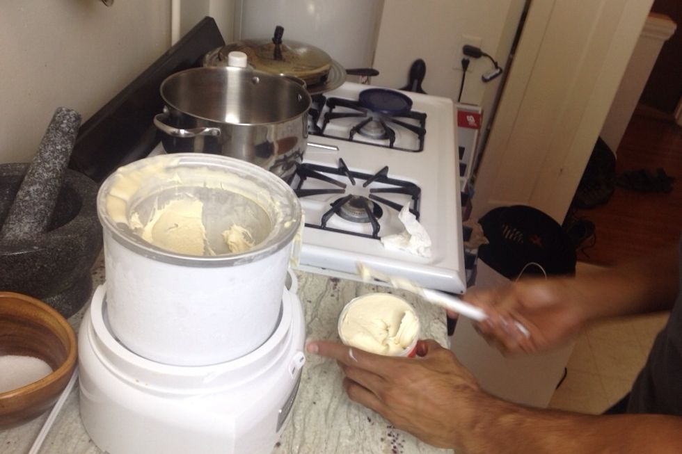 Pack it into a pint container (we had extra Jeni's pints:) ) and put it in the coldest part of your freezer until it's firm, about 4 hours.