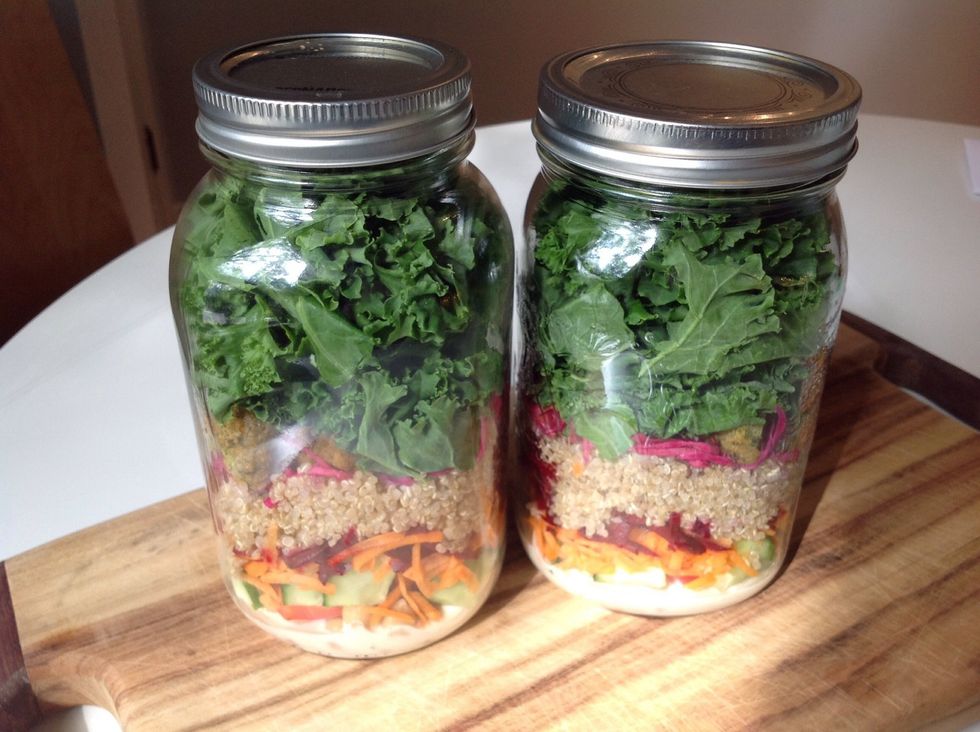Pack up the extras in mason jars for a healthy lunch at the office! Layer ingredients from wettest to driest so the greens don't wilt. This stays fresh a surprisingly long time.