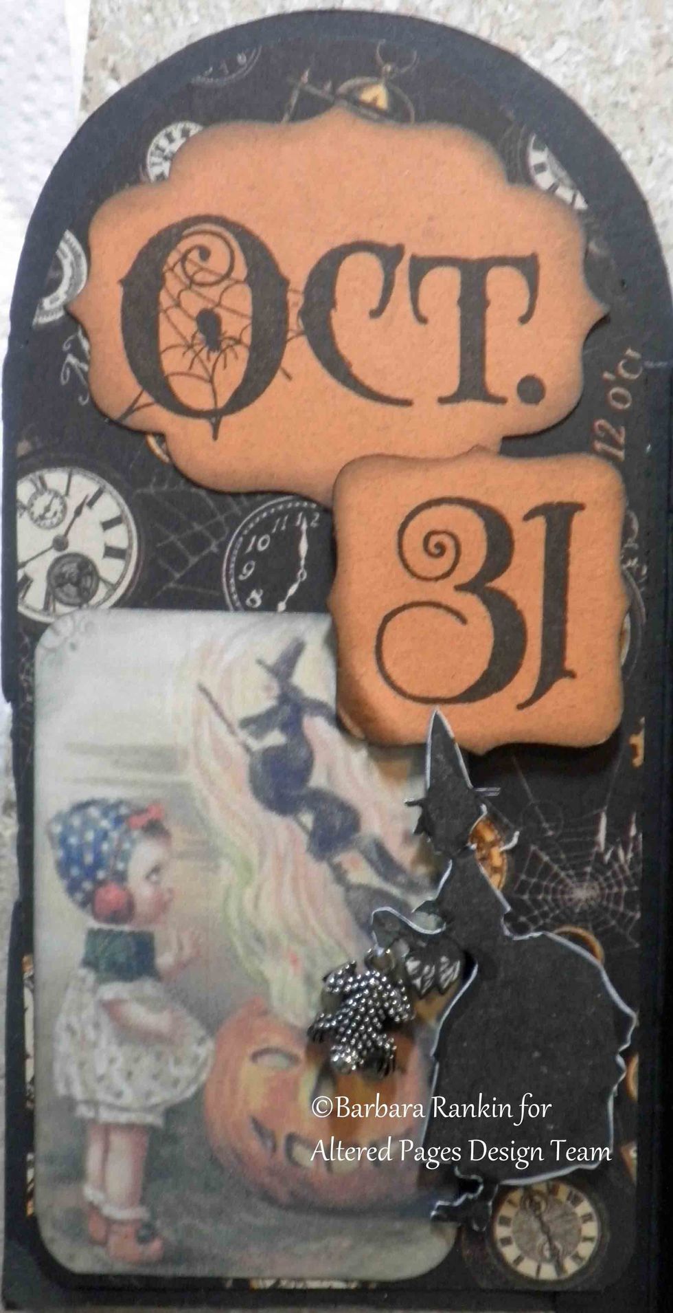 Page 10 left: AP-288 Happy Halloween collage image, SCS Oct. 31 stamped onto orange CS, decorative punch, black witch silhouette stamped and fussy cut, metal charm.