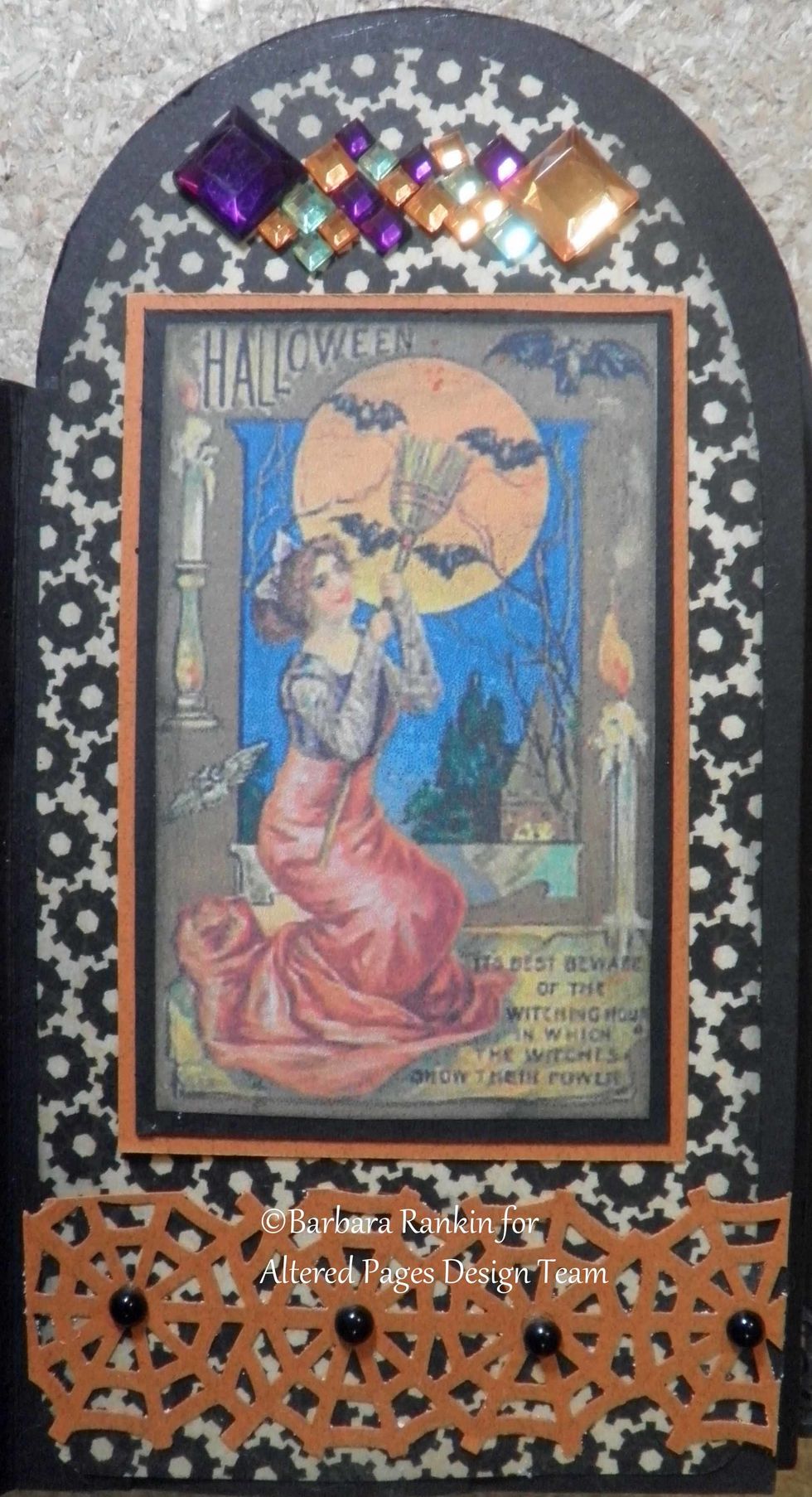 Page 12 right: AP-562 The Other Side of Halloween collage image, gems, punched spider web.