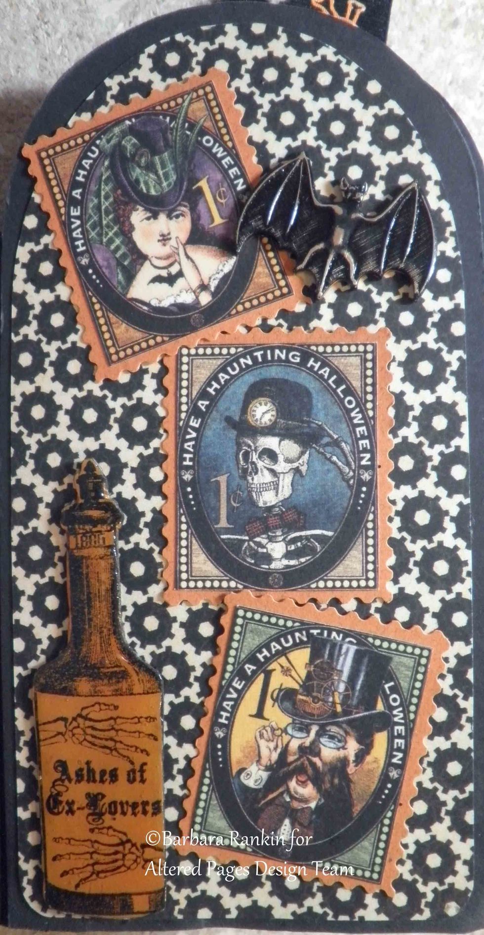 Page 4 left: SCS Potion bottle stamped onto cs, orange ink, crystal lacquer, fussy cut, pop dotted, bat charm, G45 paper images cut out.