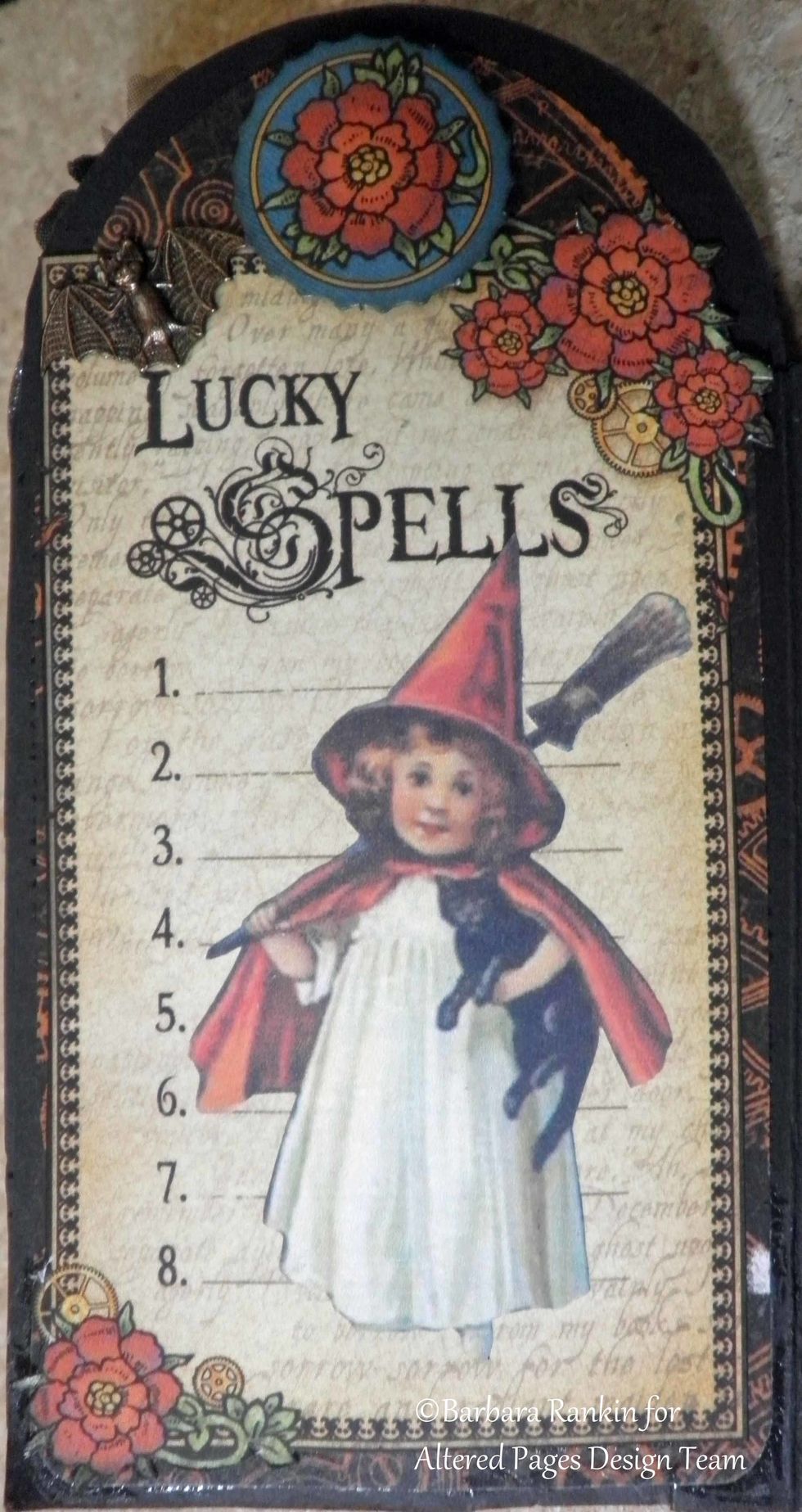 Page 6 left: G45 journal card, girl witch fussy cut from AP-288 Happy Halloween collage image. G45 sticker embellishment.