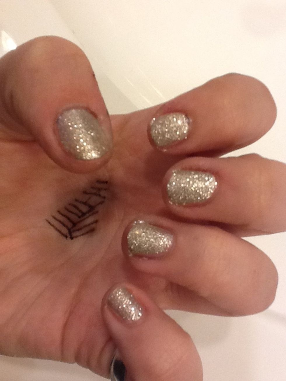 Paint 1 coat of a sparkly color~ this is Essie's 'beyond cozy'