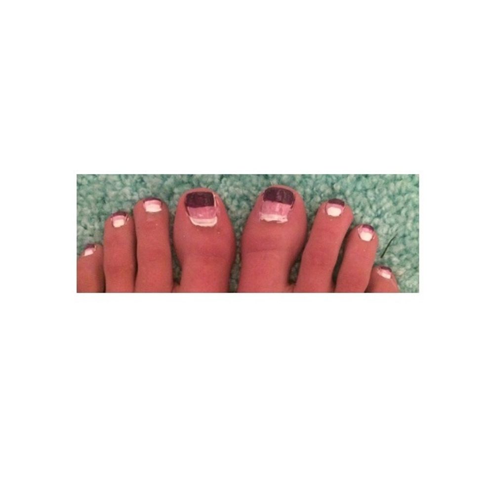 Paint 3 stripes on each nail with your base coats! (If you painted all your toes with the lightest base already you will only have to paint 2 stripes)