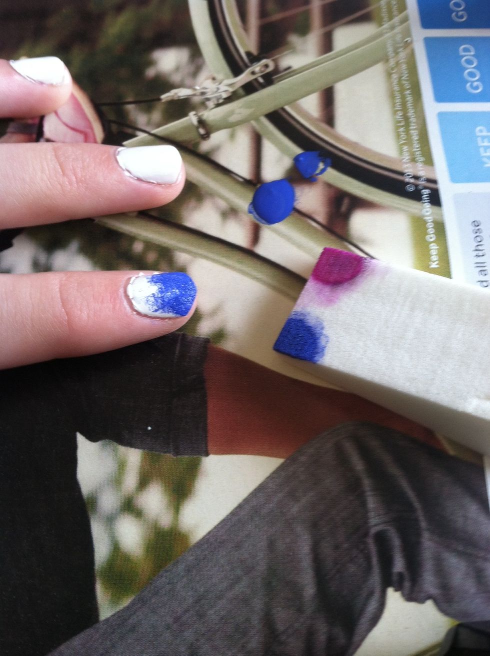 Paint a little polish on your surface and dab a little on your sponge then lightly dab on nail dabbing less as you go down towards cuticle.