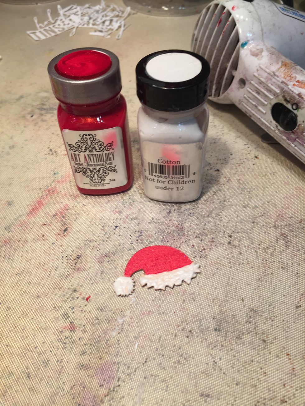 Paint a Santa hat with Ferrari and Cotton.  I dabbed on the Cotton in several layers until I got the "fluffy" fur look I wanted.  Make sure you dry in-between the layers.