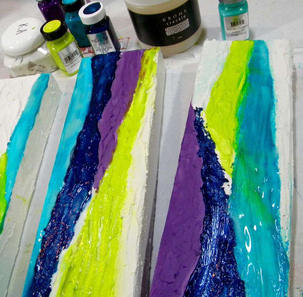 Paint a thick layer of Kroma Crackle Medium onto the Fiji stripes.  This medium is clear and drys matte. The thicker the application, the larger the cracks.  I left the project to dry overnight.