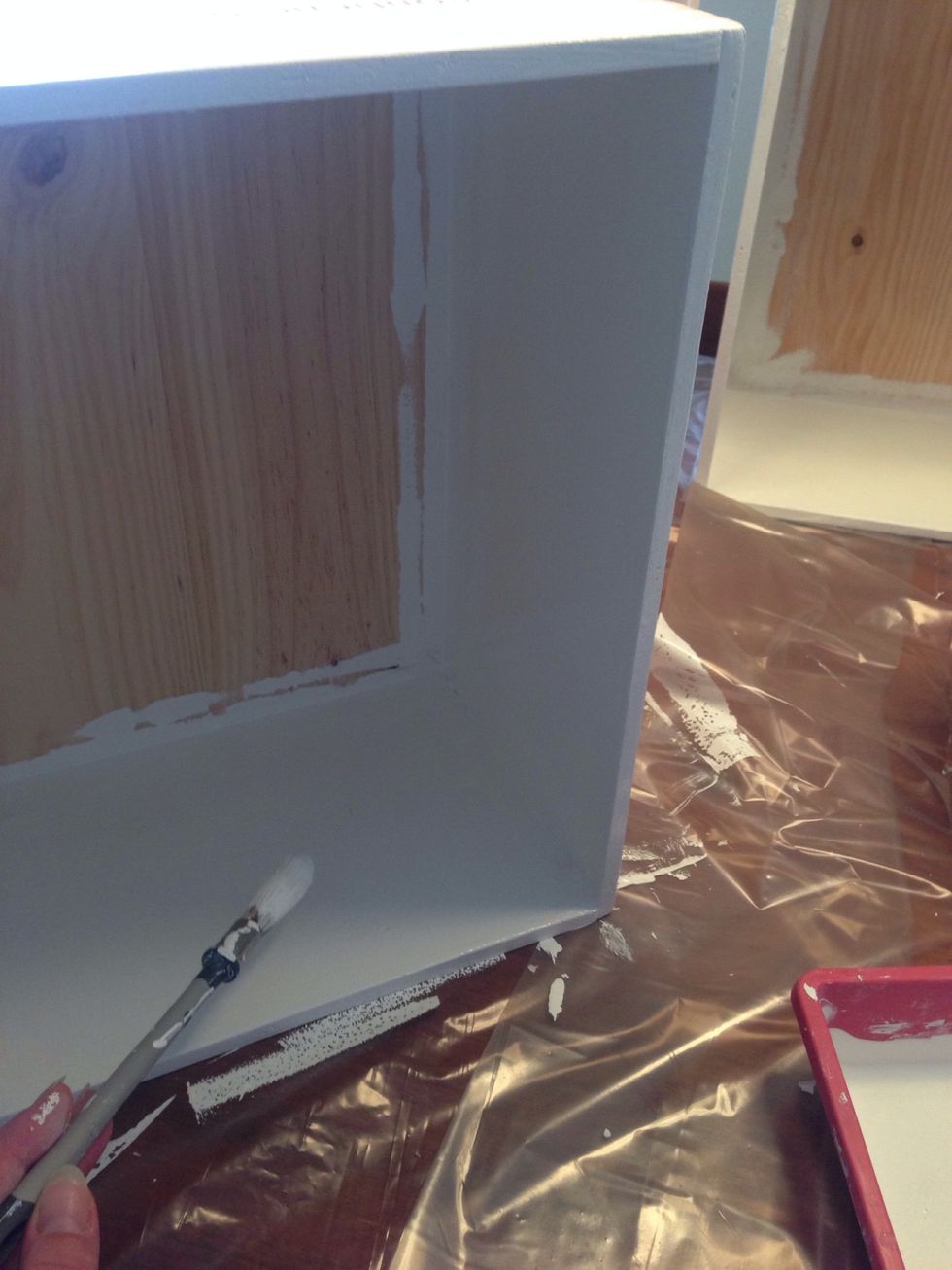 Paint all 4 sides of the box on both inside and outside(but not the back). Start with the inside, then do the outside and let it dry.