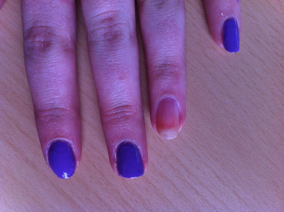 Paint all fingers (apart from ring finger) your purple. My purple looks blue here but there will be a better picture at the end.
