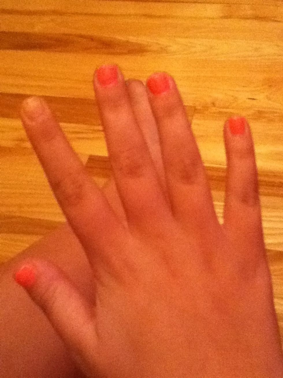 Paint all nails except the index finder the pink color I used the glow in the dark pink I got from justice for $6.50