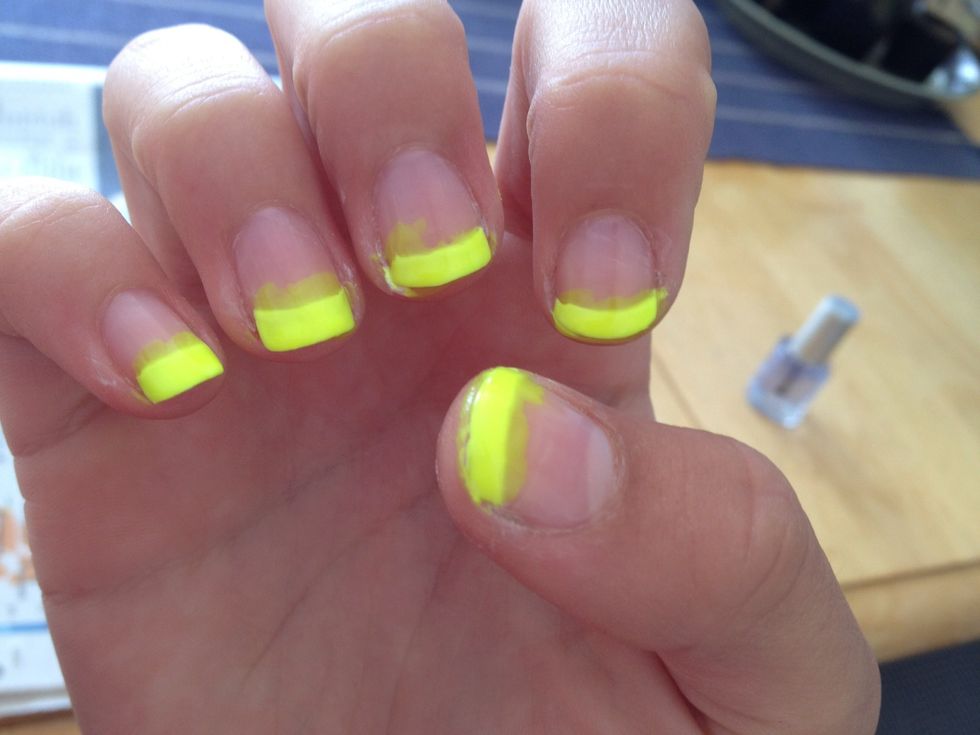 Paint all tips with your neon polish. You van be sloppy here as well. When your done just repeat the previous step.