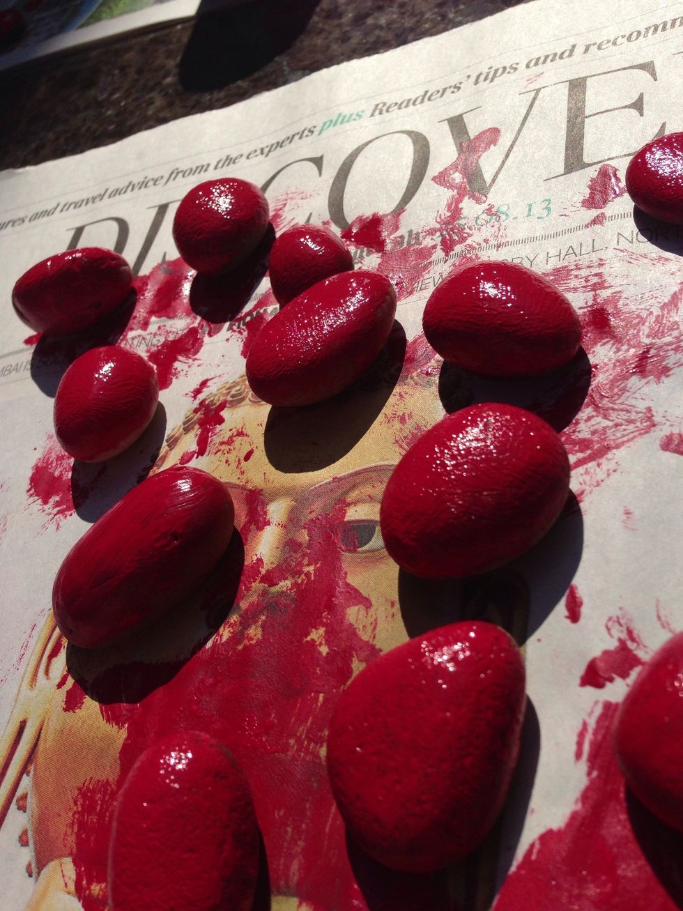 Paint both sides with RED emulsion then wash brush. If working with children PLEASE use age suitable paint- I'm in my 40's & wanted the ladybirds for outside so used emulsion.