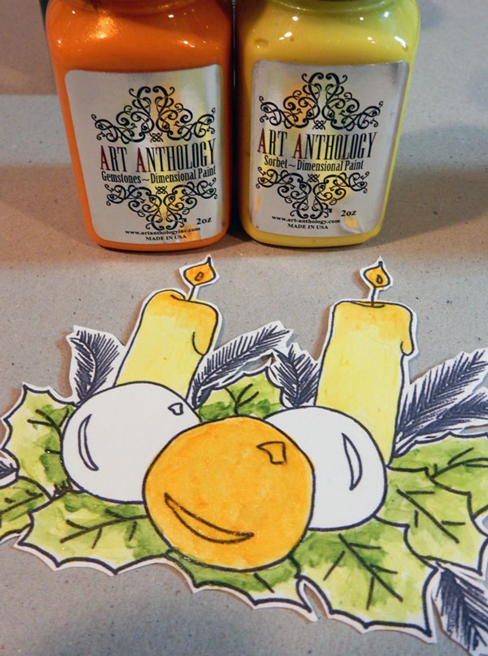 Paint candles with Lemon Tart Sorbet. Add touches of Amber Gemstones for the drips. Paint the center ornament with Amber Gemstones.