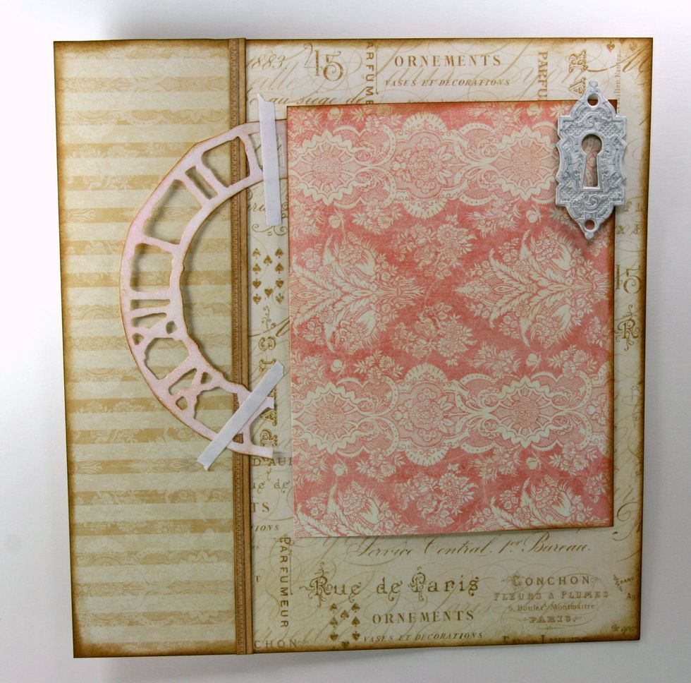 Paint G45 Metal Staples Shabby Ornate Key Hole and attach to top right corner of inset section.