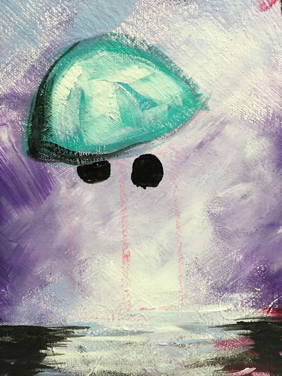 Paint in the umbrella shape, add shadows with black and highlights with white. Use the teal color to add some horizontal brush strokes to the street. Add a couple heads.