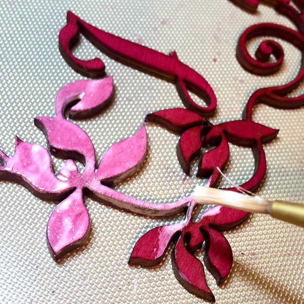 Paint it onto my wood pieces. Notice how the Colorations bleeds through the Immaculate Minx to make a softer pink!