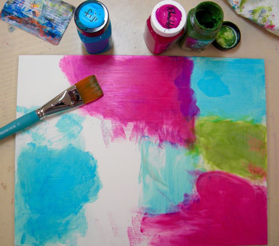 Paint large blocks randomly on the substrate using 3 or 4 colors.