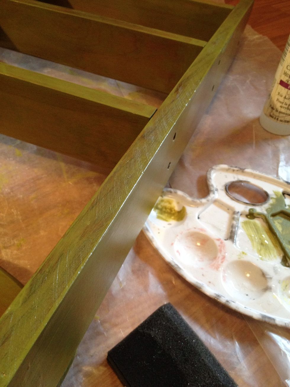 Paint on your crackle medium. This stuff looks like spit but dries quickly and shiny. Let sit in dry area for at least 2 hours.