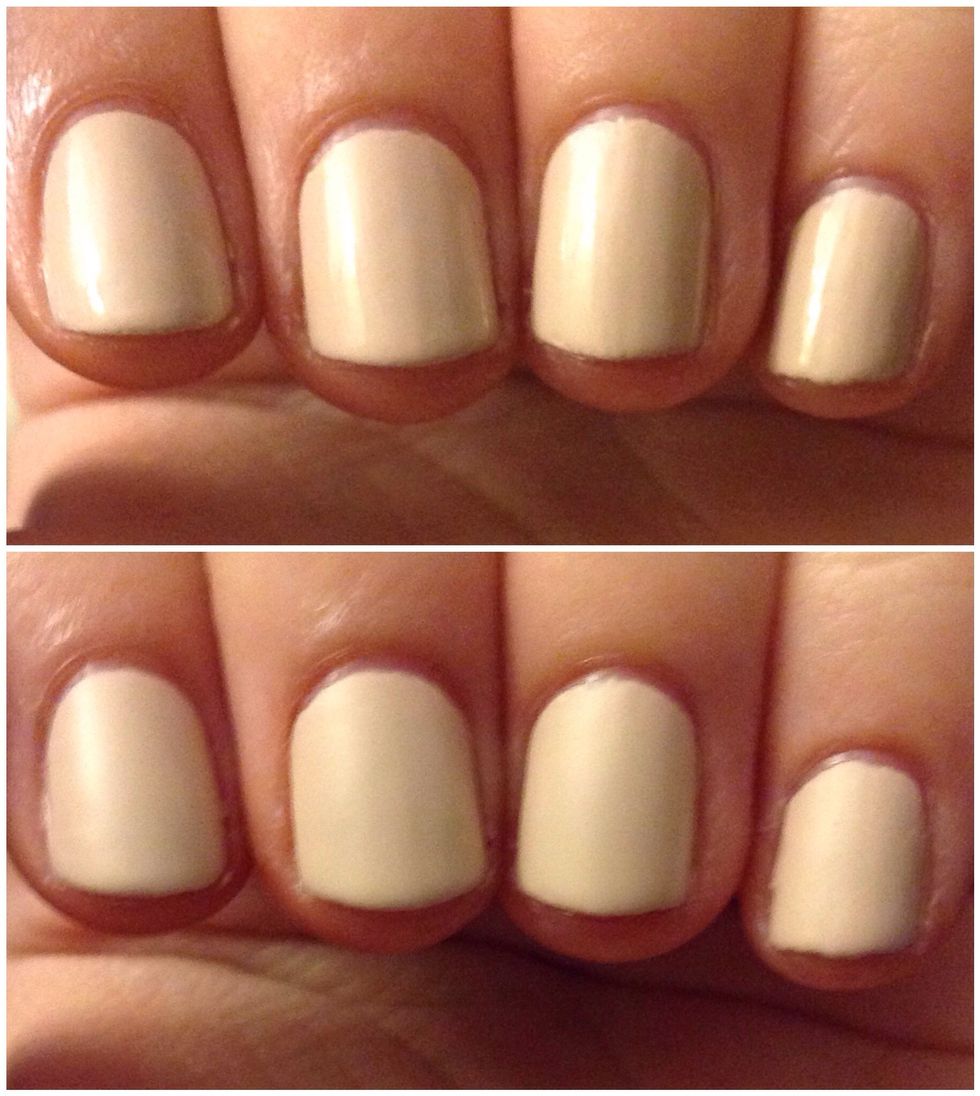 Paint one or two coats of a nude polish. You can also leave just the base coat, or paint them whatever. And then do a matte topcoat. I recommend NYC Matte Me Crazy. That's optional too.