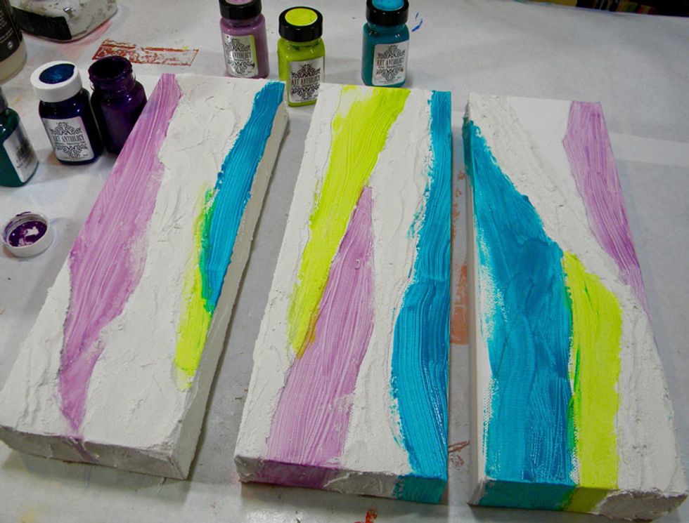 Paint Orchid, Limeade and Fiji Velvets onto the canvas.  This is just the first layer so don't worry about staying within the lines.  We still have lots of layers to go!