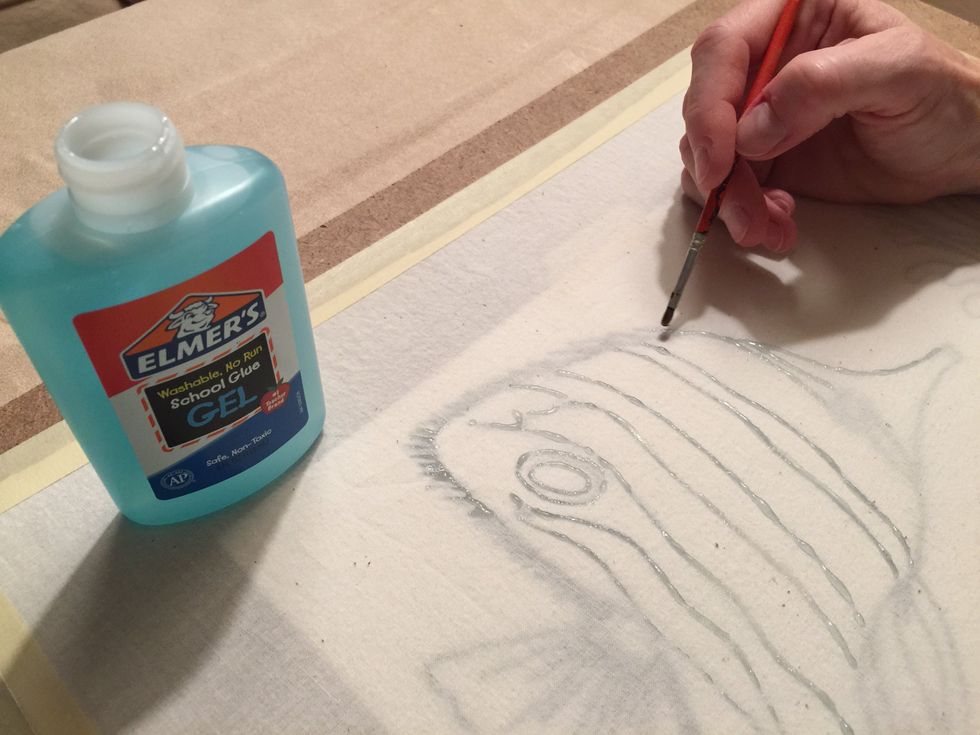 Paint over all of the lines using a small bristle brush and blue gel glue. Any place that you apply the glue will remain masked and will be white in your final batik.