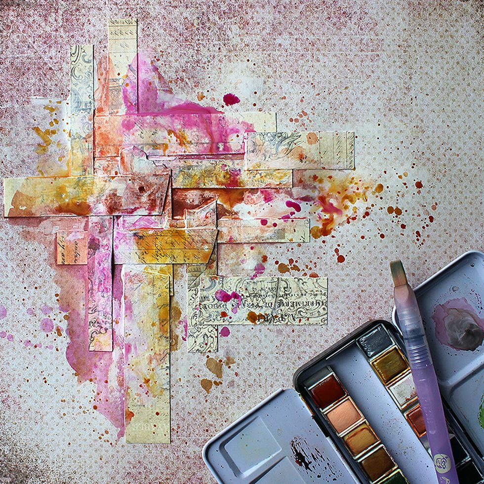 Paint the background using watercolors. Mix the colors and add those great metallic from the \u201cDecadent Pies\u201d set. Use the bigger, flat water brush set.