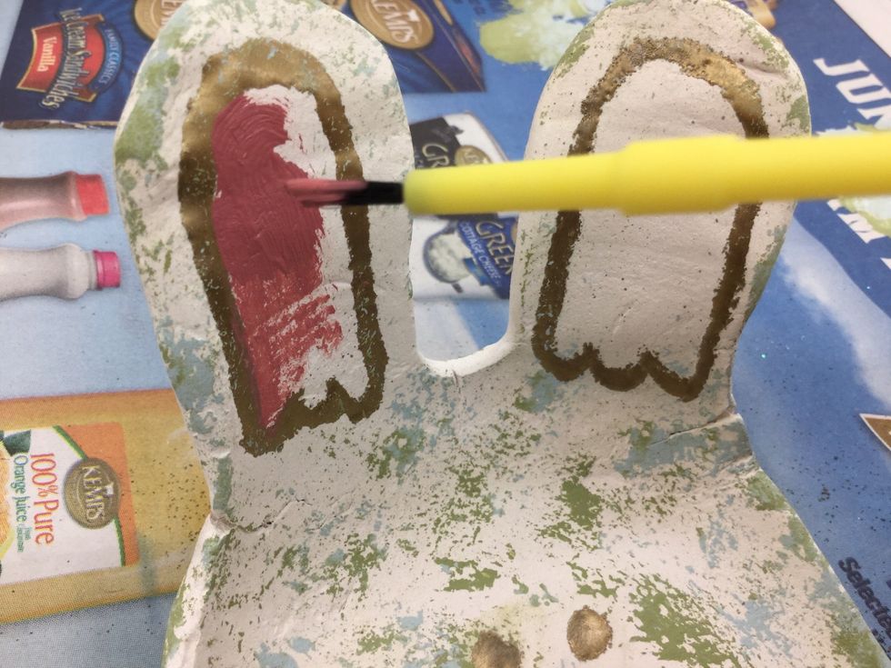 Paint the ear areas pink. Let bowl dry. GROWNUP HELP REQUIRED: Spray with an acrylic fixative if desired in a well-ventilated area.