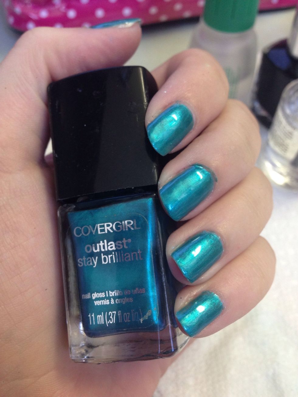 Paint the lighter color on your nails. I did two coats to get the opacity I wanted. Let it dry completely. This color is Covergirls "Constant Carribean", for anyone wondering.