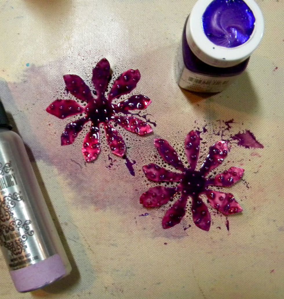 Paint the medium flowers with Flourite Gemstones, then spray with Wild Orchid Colorations Spray.