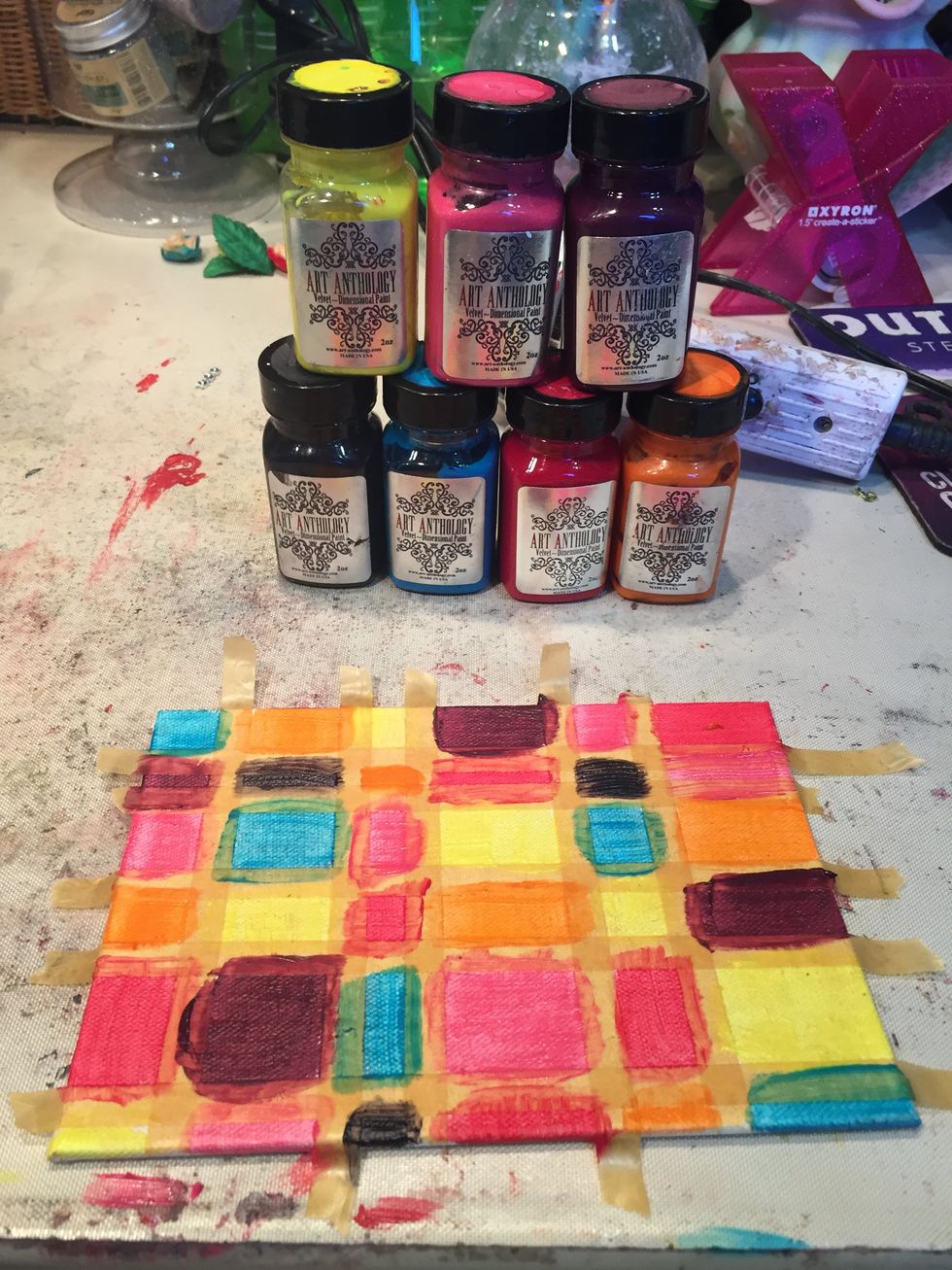 Paint the resulting squares with Lemon Tart, Fiesta, Wineberry, Fiji, Desire, Tango, and Tuxedo.