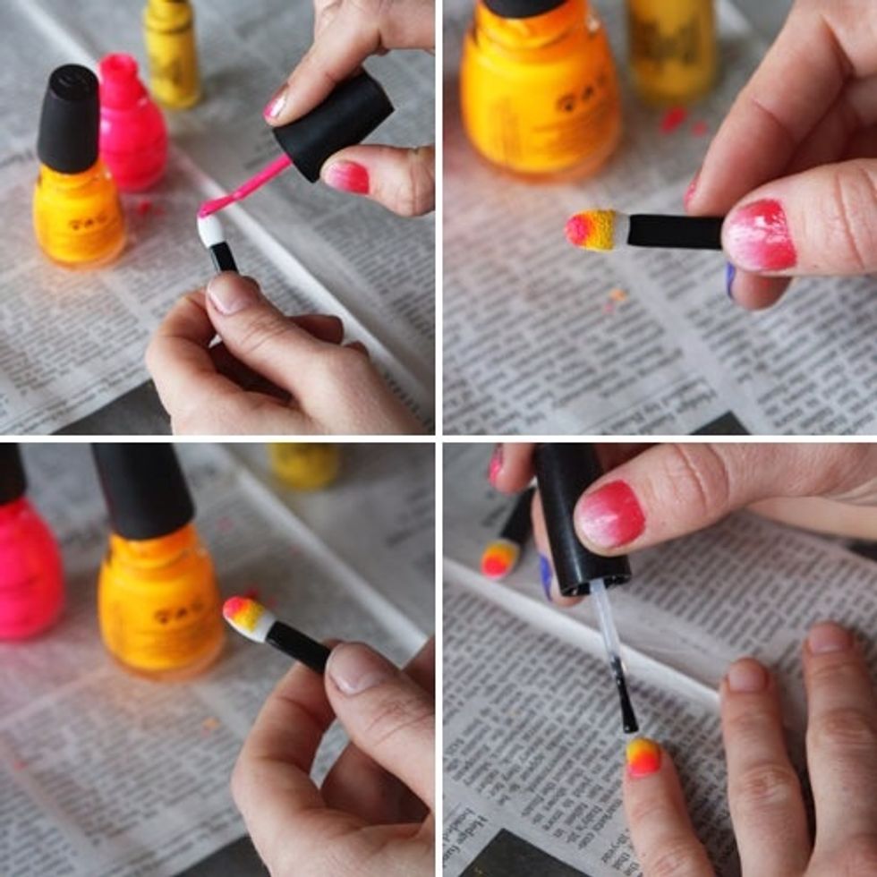 Paint three colors in stripes (best to use colors that are similar to create a gradient) and stamp the brush onto your nail. Top with clear coat.