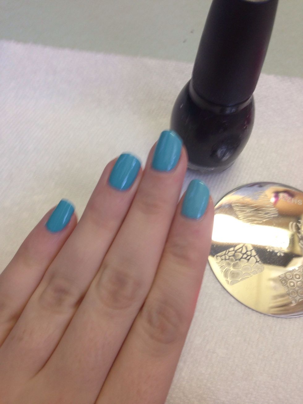 Paint your base color on and let it dry completely. If you want, use two similar shades of the base and make a gradient before you stamp.