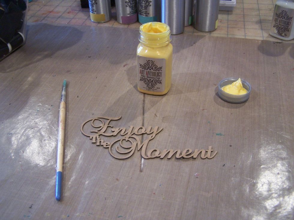 Paint Your chipboard words with Sorbet.  I started off using Sunshine Sorbet and felt it didn't add enough of a contrast so I ended up using Viridian Sorbet.